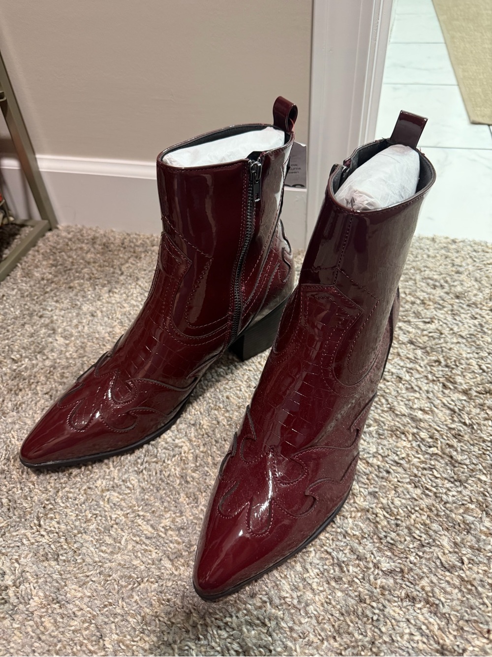 ASOS Burgundy Patent Western Ankle Boots - Picture 2 of 6